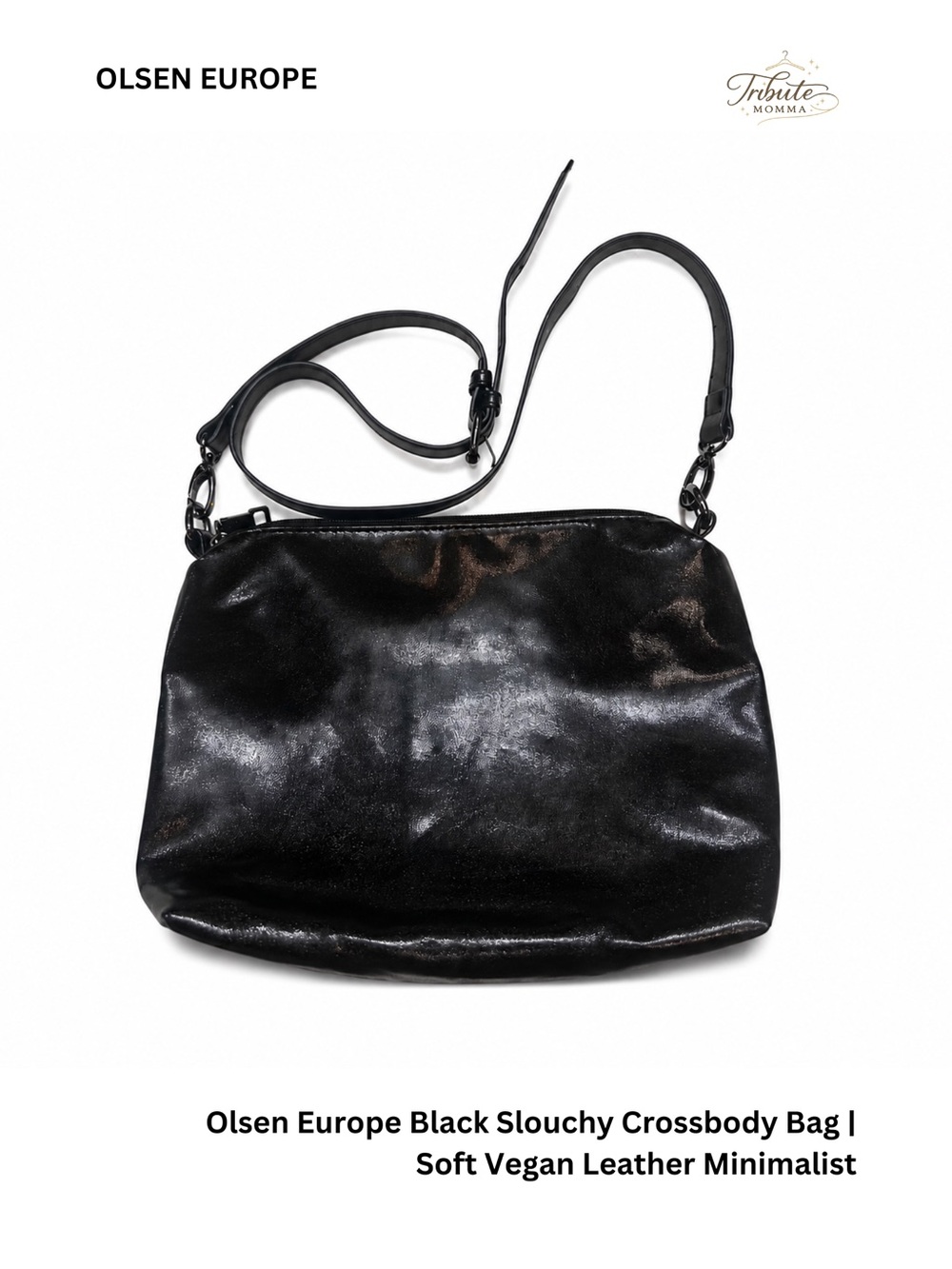 Olsen Europe Black Slouchy Crossbody Bag | Soft Vegan Leather Minimalist